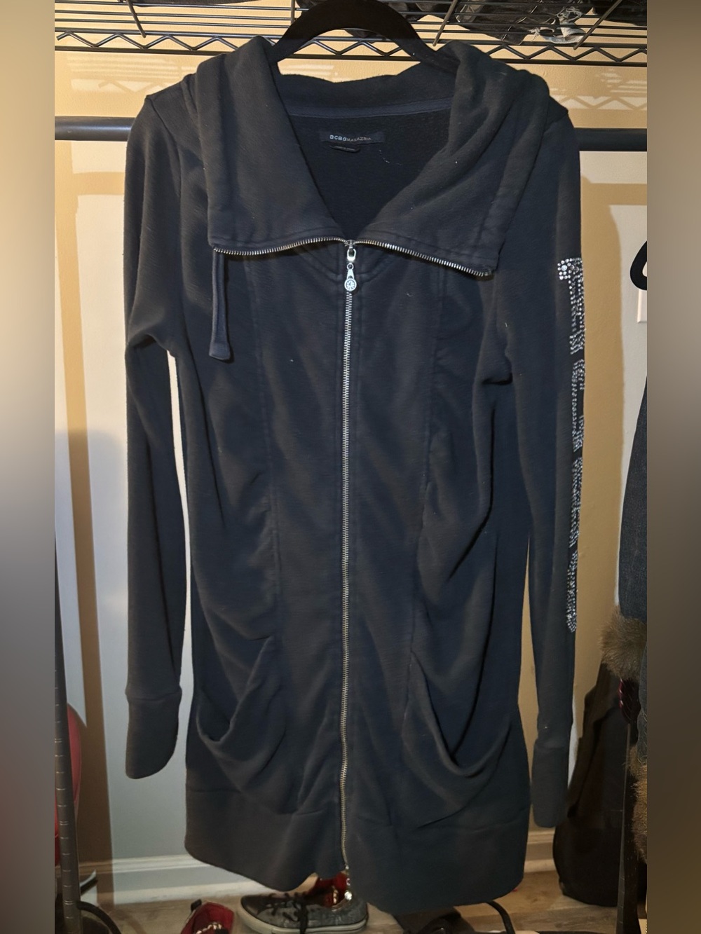 BCBG Black Full Zip Fleece Hoodie Rhinestone Logo Women's Regular Size S Y2K